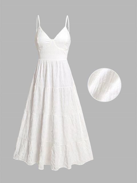 Robe de style romantique texturée de couleur unie, bretelles spaghetti réglables, nœud papillon dans le dos, robe longue de vacances trapèze