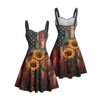 Sunflower American Flag Print Ruched Bust Belt Vintage Independence Day Dress Sweetheart Neck A Line Mini Patriotic Dress