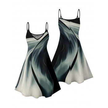 Abstract Print Vacation Dress Spaghetti Strap V Neck A Line Mini Casual Tank Dress