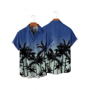 Men's Ombre Palm Tree Print Vacation Shirt Button Up Roll Up Short Sleeve Casual Shirt