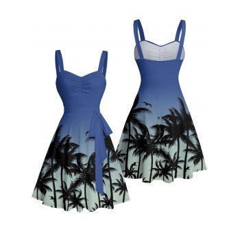 Ombre Palm Tree Pattern Ruched Bust Belt Vacation Dress Sweetheart Neck A Line Mini Casual Dress