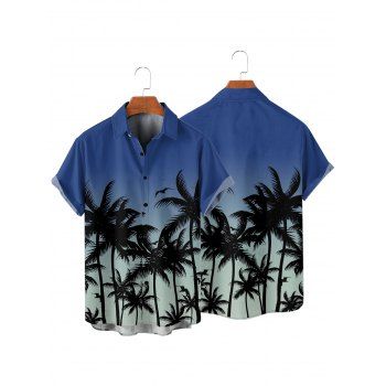 Vacation Couple Outfit Ombre Palm Tree Pattern Ruched Bust Belt Sweetheart Neck Dress and Button Up Shirt Casual Matching Outfit