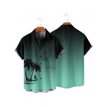 Vacation Couple Outfit Palm Tree Pattern Ombre Spaghetti Strap V Neck A Line Mini Tank Dress and Button Up Shirt Casual Matching Outfit