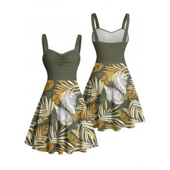 Tropical Plant Leaf Pattern Ruched Bust Belt Vacation Dress Sweetheart Neck A Line Mini Beach Dress