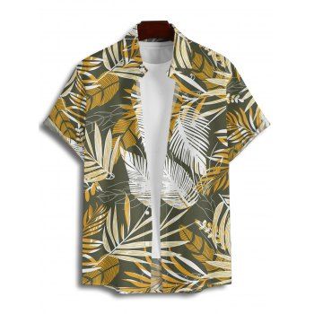 Vacation Couple Outfit Tropical Plant Leaf Pattern Ruched Bust Belt Sweetheart Neck A Line Mini Dress and Button Up Shirt Beach Matching Outfit