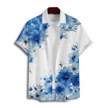 Vacation Couple Outfit Floral Leaf Pattern Contrast Color Crossover Surplice Belt Dress and Button Up Shirt Casual Matching Outfit