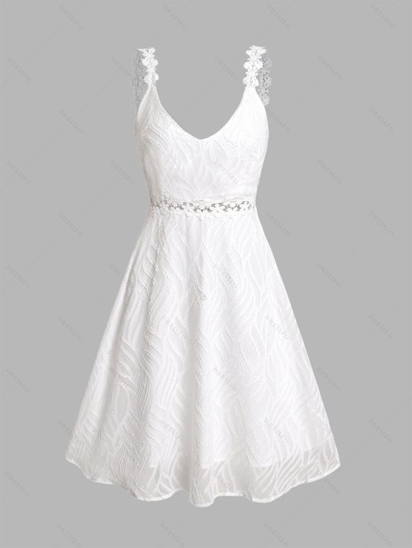 Robe de vacances courte en dentelle jacquard à fleurs de couleur unie, style romantique, bretelles non réglables, col en V, coupe trapèze - Blanc XXL | US 14
