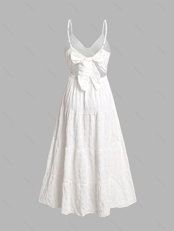 Robe de style romantique texturée de couleur unie, bretelles spaghetti réglables, nœud papillon dans le dos, robe longue de vacances trapèze - Blanc XL | US 12