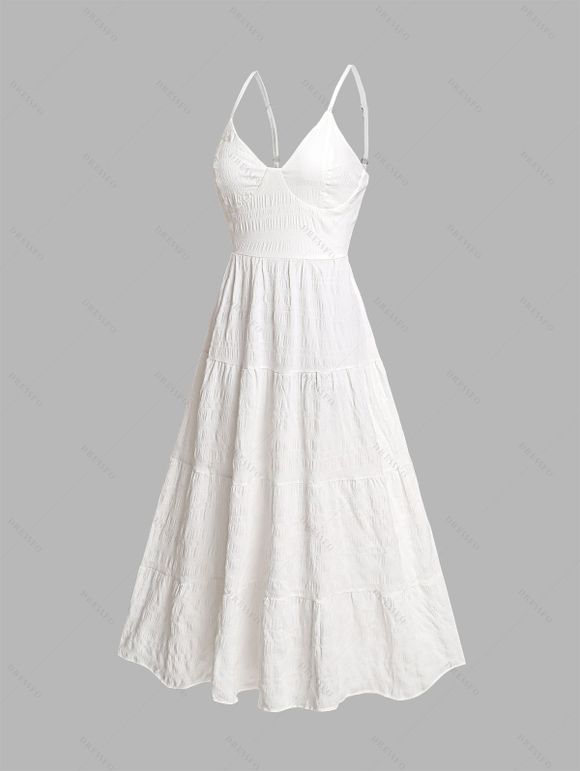 Robe de style romantique texturée de couleur unie, bretelles spaghetti réglables, nœud papillon dans le dos, robe longue de vacances trapèze - Blanc XL | US 12