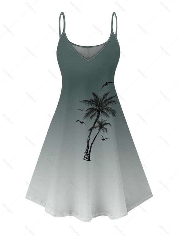 Robe de vacances à motif palmier ombré, bretelles spaghetti, col en V, coupe trapèze, mini-robe décontractée - Vert profond XXXXXL | US 20