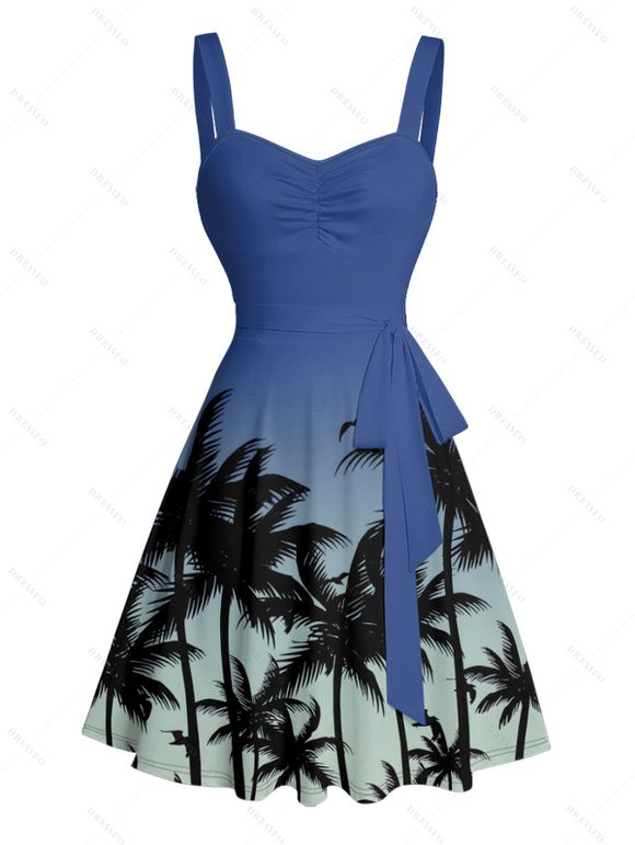 Robe de vacances à motif palmier ombré, buste froncé, ceinture, col en cœur, coupe trapèze, mini, décontractée - Bleu XXXXXL | US 20