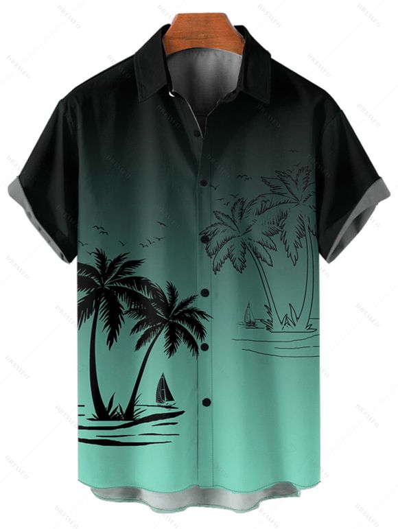 Chemise de vacances à motif palmier ombré pour homme, boutonnée, retroussée, manches courtes, décontractée - Vert profond L