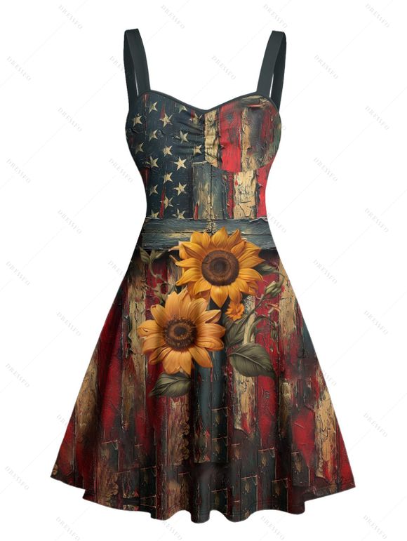 Robe vintage à imprimé tournesol et drapeau américain, buste froncé, ceinture, pour le jour de l'indépendance, col en cœur, coupe trapèze, mini-robe patriotique - Noir XXXXXL | US 20