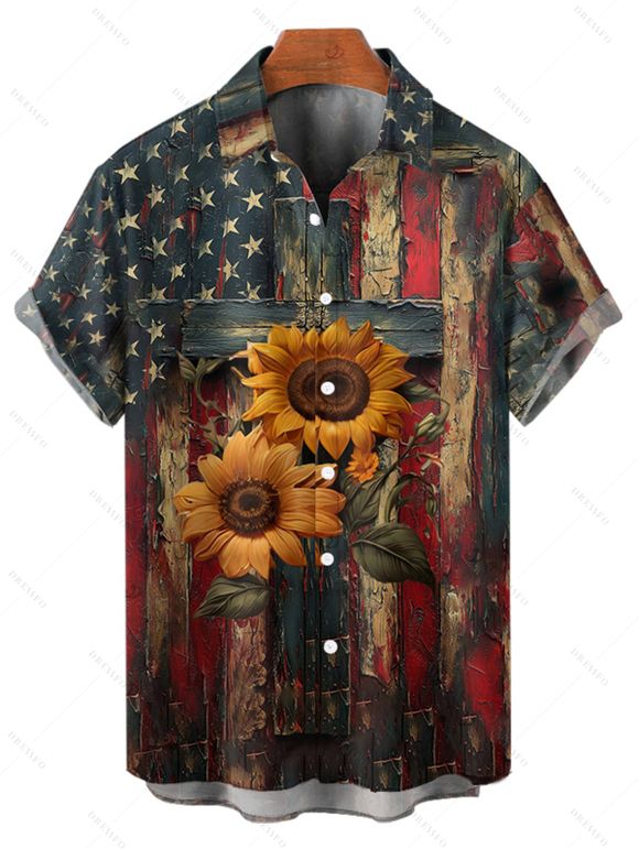 Chemise homme à imprimé tournesol et drapeau américain, style vintage, pour le jour de l'indépendance, boutonnée, retroussée, manches courtes, style patriotique - Noir 5XL