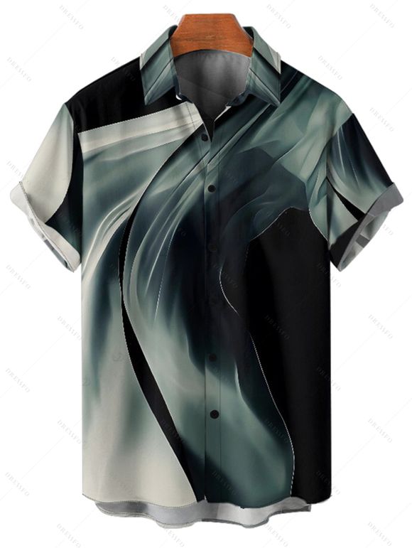 Chemise de vacances à imprimé abstrait pour homme, boutonnée, retroussée, manches courtes, décontractée - Noir L