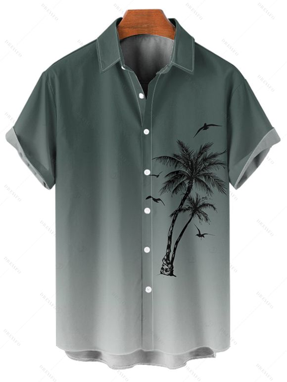 Chemise de vacances à motif palmier ombré pour homme, boutonnée, retroussée, manches courtes, décontractée - Vert profond L