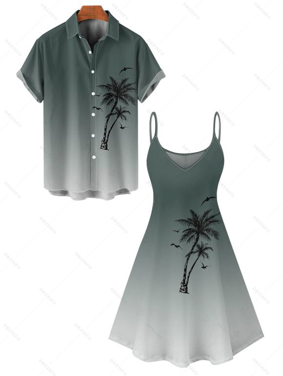 Vacation Couple Outfit Ombre Palm Tree Pattern Spaghetti Strap V Neck A Line Mini Tank Dress and Button Up Shirt Casual Matching Outfit - Vert profond S | US 4