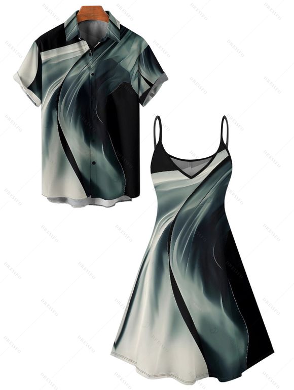 Vacation Couple Outfit Abstract Print Spaghetti Strap V Neck A Line Mini Tank Dress and Button Up Shirt Casual Matching Outfit - Noir S | US 4