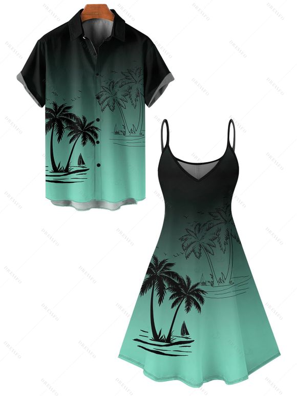 Vacation Couple Outfit Palm Tree Pattern Ombre Spaghetti Strap V Neck A Line Mini Tank Dress and Button Up Shirt Casual Matching Outfit - Vert profond S | US 4