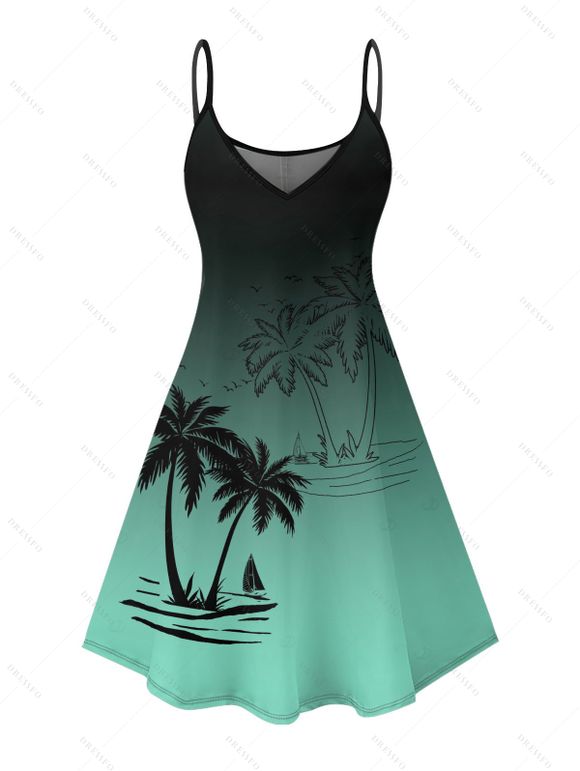 Robe de vacances ombrée à motif palmier, bretelles spaghetti, col en V, coupe trapèze, mini-robe débardeur décontractée - Vert profond XXXXXL | US 20