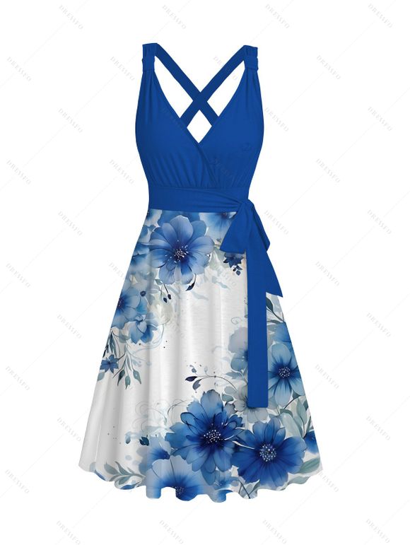 Robe de vacances à motif floral et feuilles, couleur contrastée, croisée, surplis, ceinture, décolleté plongeant, ligne A, robe mi-longue décontractée - Bleu XL | US 12