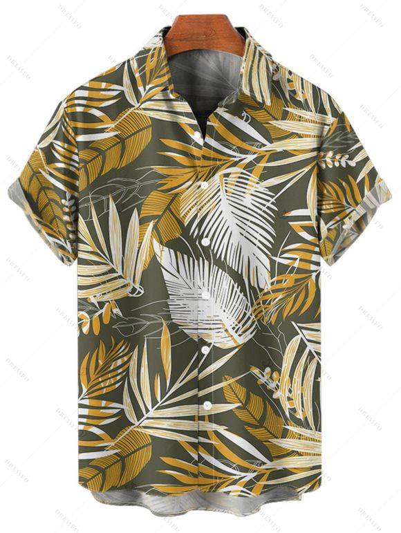 Chemise de vacances à imprimé feuilles tropicales pour homme, boutonnée, retroussée, manches courtes, pour la plage - Vert profond L