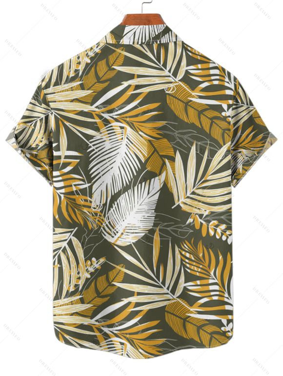 Chemise de vacances à imprimé feuilles tropicales pour homme, boutonnée, retroussée, manches courtes, pour la plage - Vert profond 4XL