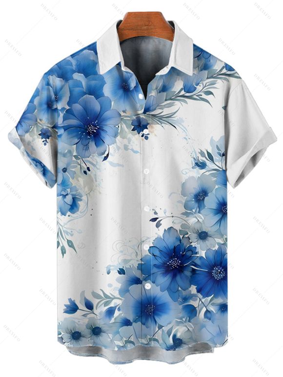 Chemise de vacances à motif floral et feuilles pour homme, boutonnée, retroussée, manches courtes, décontractée - Bleu L