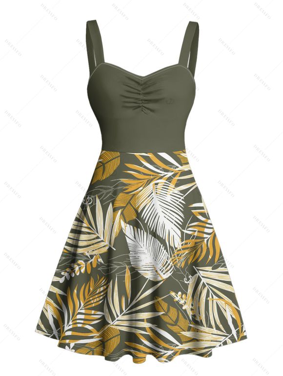 Robe de vacances à motif de feuilles tropicales, buste froncé, ceinture, col en cœur, mini robe de plage trapèze - Vert profond XXXXXL | US 20