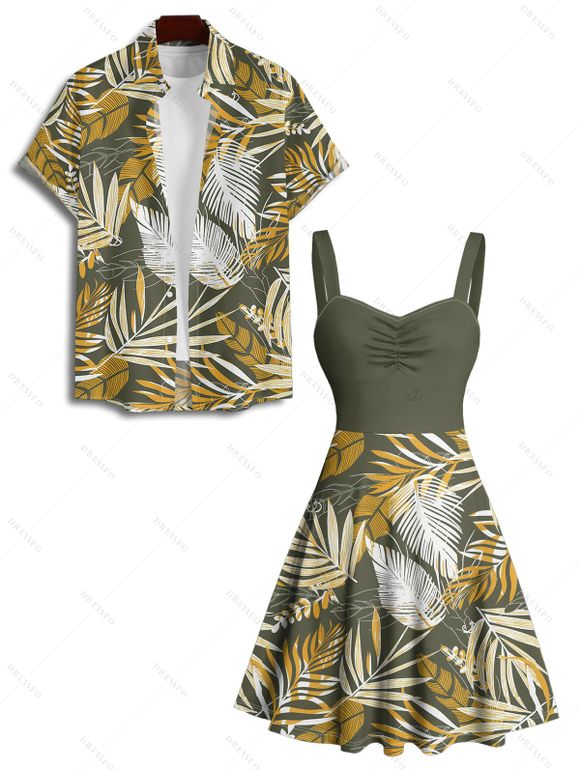 Vacation Couple Outfit Tropical Plant Leaf Pattern Ruched Bust Belt Sweetheart Neck A Line Mini Dress and Button Up Shirt Beach Matching Outfit - Vert profond S | US 4