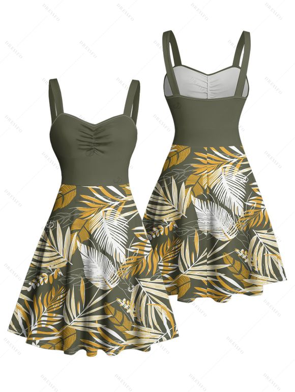 Vacation Couple Outfit Tropical Plant Leaf Pattern Ruched Bust Sweetheart Neck A Line Mini Dress and Button Up Shirt Beach Matching Outfit - Vert profond S | US 4