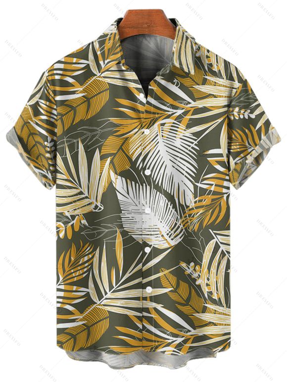 Vacation Couple Outfit Tropical Plant Leaf Pattern Ruched Bust Sweetheart Neck A Line Mini Dress and Button Up Shirt Beach Matching Outfit - Vert profond S | US 4