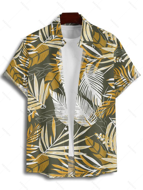 Vacation Couple Outfit Tropical Plant Leaf Pattern Ruched Bust Sweetheart Neck A Line Mini Dress and Button Up Shirt Beach Matching Outfit - Vert profond S | US 4