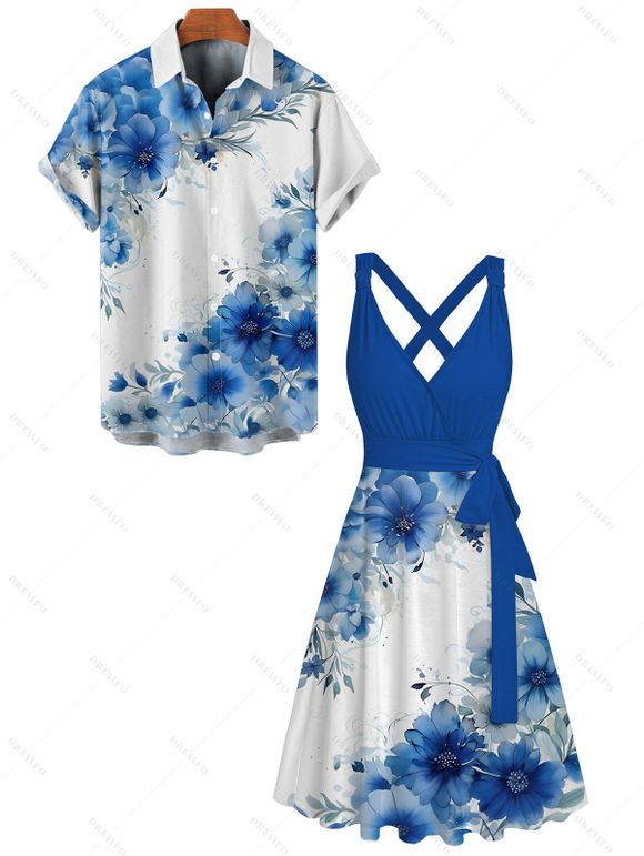 Vacation Couple Outfit Floral Leaf Pattern Contrast Color Crossover Surplice Belt Dress and Button Up Shirt Casual Matching Outfit - Bleu S | US 4
