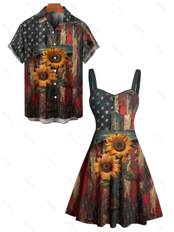 Vintage Independence Day Couple Outfit Sunflower American Flag Print Ruched Bust Belt Sweetheart Neck Dress and Button Up Shirt Patriotic Matching Outfit - Noir S | US 4