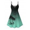 Vacation Couple Outfit Palm Tree Pattern Ombre Spaghetti Strap V Neck A Line Mini Tank Dress and Button Up Shirt Casual Matching Outfit - Vert profond S | US 4
