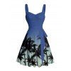 Vacation Couple Outfit Ombre Palm Tree Pattern Ruched Bust Belt Sweetheart Neck Dress and Button Up Shirt Casual Matching Outfit - Bleu S | US 4