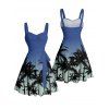 Vacation Couple Outfit Ombre Palm Tree Pattern Ruched Bust Belt Sweetheart Neck Dress and Button Up Shirt Casual Matching Outfit - Bleu S | US 4