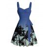 Robe de vacances à motif palmier ombré, buste froncé, ceinture, col en cœur, coupe trapèze, mini, décontractée - Bleu XXXXXL | US 20
