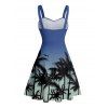 Robe de vacances à motif palmier ombré, buste froncé, ceinture, col en cœur, coupe trapèze, mini, décontractée - Bleu XXXXXL | US 20