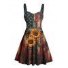 Robe vintage à imprimé tournesol et drapeau américain, buste froncé, ceinture, pour le jour de l'indépendance, col en cœur, coupe trapèze, mini-robe patriotique - Noir XXXXXL | US 20