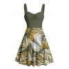 Robe de vacances à motif de feuilles tropicales, buste froncé, ceinture, col en cœur, mini robe de plage trapèze - Vert profond XXXXXL | US 20