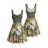 Robe de vacances à motif de feuilles tropicales, buste froncé, ceinture, col en cœur, mini robe de plage trapèze - Vert profond XXXXXL | US 20