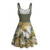 Robe de vacances à motif de feuilles tropicales, buste froncé, ceinture, col en cœur, mini robe de plage trapèze - Vert profond XXXXXL | US 20