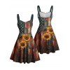 Vintage Independence Day Couple Outfit Sunflower American Flag Print Ruched Bust Belt Sweetheart Neck Dress and Button Up Shirt Patriotic Matching Outfit - Noir S | US 4