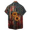 Vintage Independence Day Couple Outfit Sunflower American Flag Print Ruched Bust Belt Sweetheart Neck Dress and Button Up Shirt Patriotic Matching Outfit - Noir S | US 4