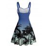 Vacation Couple Outfit Ombre Palm Tree Pattern Ruched Bust Belt Sweetheart Neck Dress and Button Up Shirt Casual Matching Outfit - Bleu S | US 4