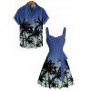 Vacation Couple Outfit Ombre Palm Tree Pattern Ruched Bust Belt Sweetheart Neck Dress and Button Up Shirt Casual Matching Outfit - Bleu S | US 4