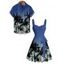 Vacation Couple Outfit Ombre Palm Tree Pattern Ruched Bust Belt Sweetheart Neck Dress and Button Up Shirt Casual Matching Outfit - Bleu S | US 4