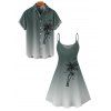 Vacation Couple Outfit Ombre Palm Tree Pattern Spaghetti Strap V Neck A Line Mini Tank Dress and Button Up Shirt Casual Matching Outfit - Vert profond S | US 4
